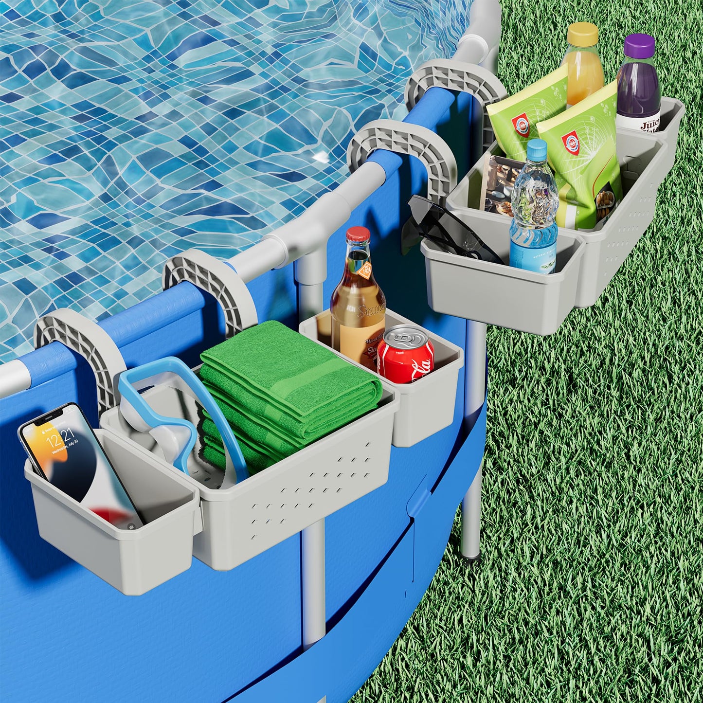 Kompoll [Patented] Poolside Storage for Above Ground Pool Accessories, Thickened Plastic Pool Basket with 2 Pool Cup Holder, Multifunctional Poolside Holder Fits for Most Frame Pools (2 Pack)