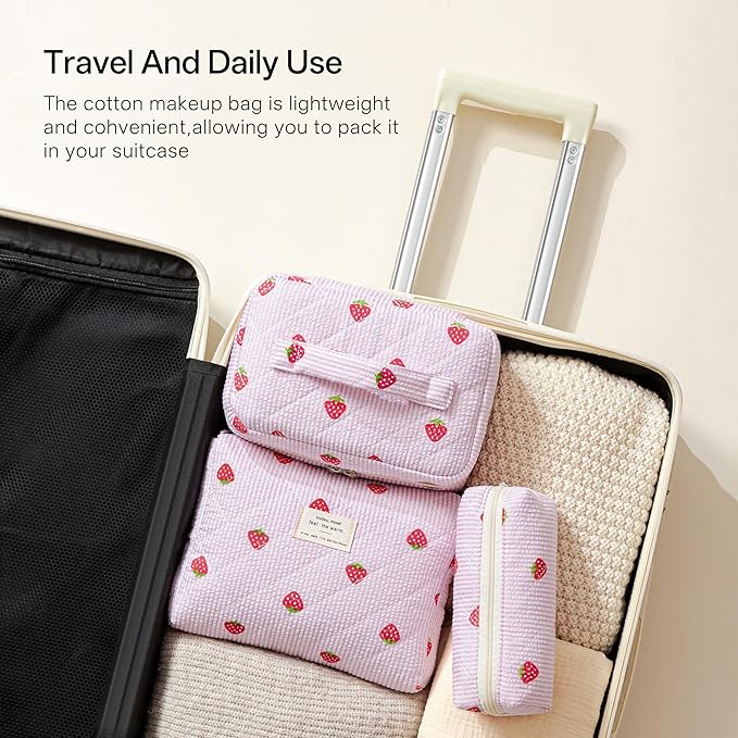 HBselect Quilted Makeup Bag, 3PCS Cotton Large Travel Makeup Bag, Cute Floral Coquette Make up Bag Cosmetic Bag Toiletry Bag for Women Girls
