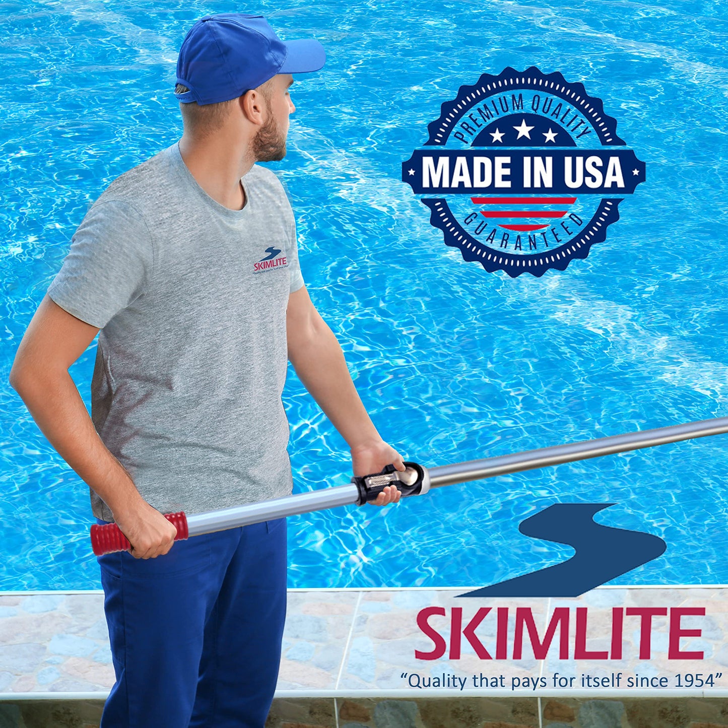 SKIMLITE MANUFACTURING Snaplite Telescopic Pool Pole 12 Ft Adjustable Cleaning Poles Push Button Lock Light Weight Easy Grip, Includes Universal Threaded Adapter for Skimmer Net Brush Vacuum Head
