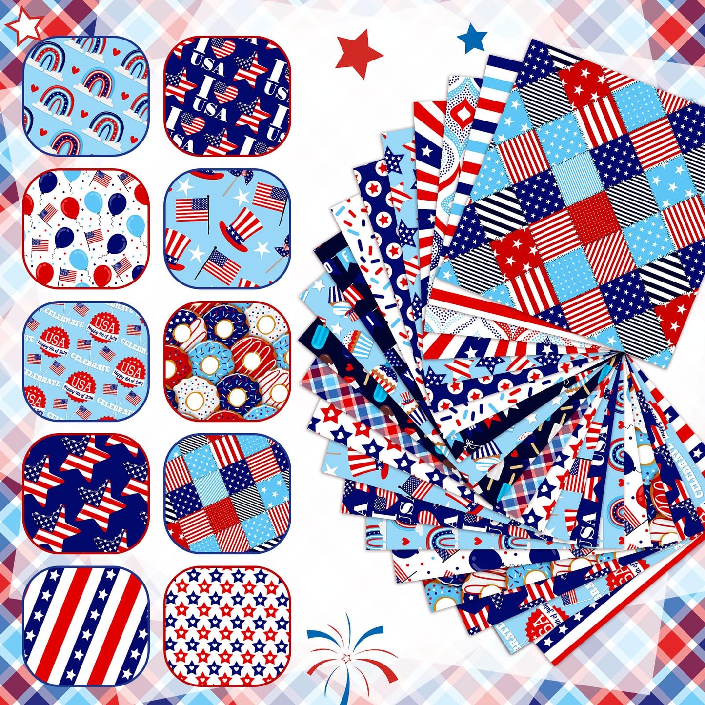 Ganeen 60 Pcs 10 x 10 Inch Red White Blue Quilting Fabric Squares 4th of July Fabric Bundle Patriotic American Flag USA Fat Patchwork Precut Strips for Memorial Day Handmade Material Sewing DIY Craft