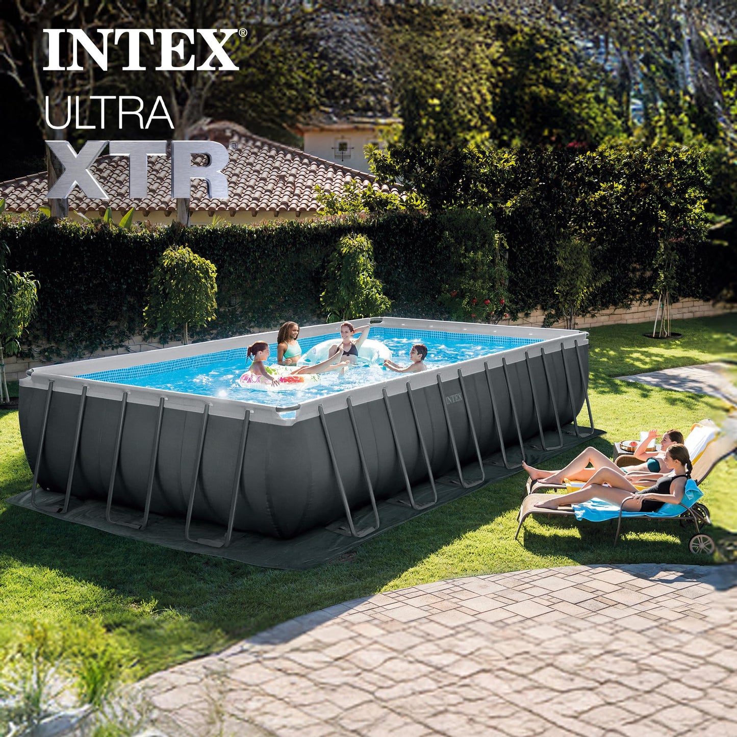 INTEX Ultra XTR 24 ft x 12 ft 52 in Above Ground Pool Set, Rectangular Swimming Pool with Sand Pump, Saltwater System, Maintenance Kit, & Volleyball Game