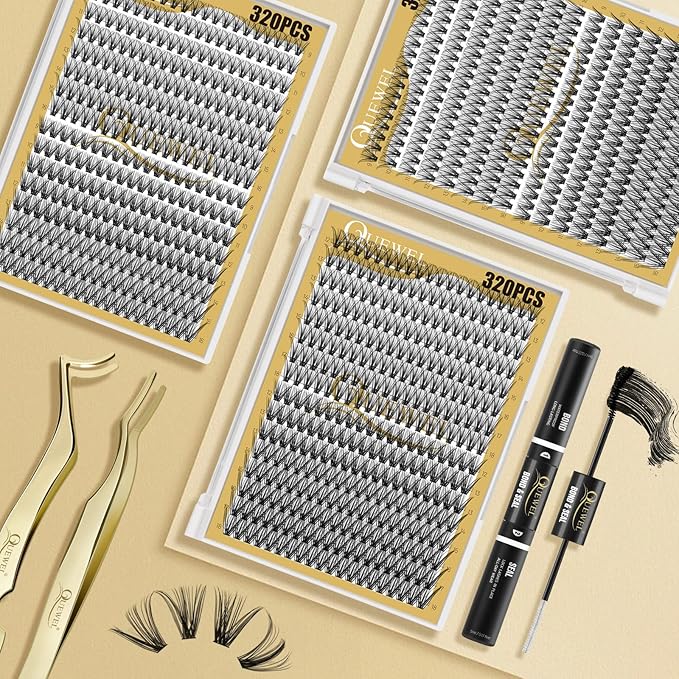 QUEWEL Lash Clusters 320Pcs Cluster Lashes 30D+40D D Curl Lash Cluster Eyelash Extensions Mix12-18mm Individual Eyelashes Clusters Wispy Lash Clusters Thin Band Soft to Use at Home(30D+40D D Mix12-18)