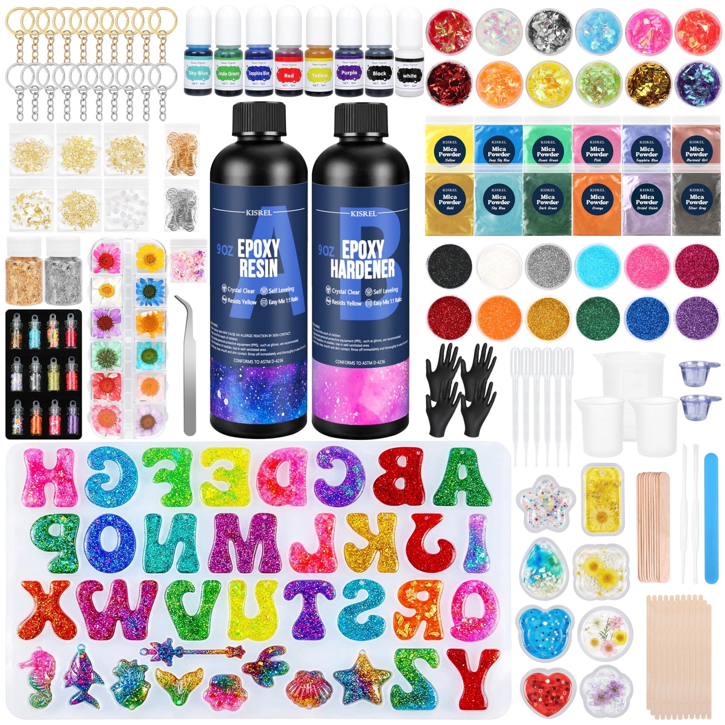 KISREL Epoxy Resin kit -18oz Clear Epoxy Resin with Silicone Alphabet Resin molds and Jewelry Making Kits, 2 Part Epoxy and Hardener for Casting Coating, Keychains, DIY Craft Decorations