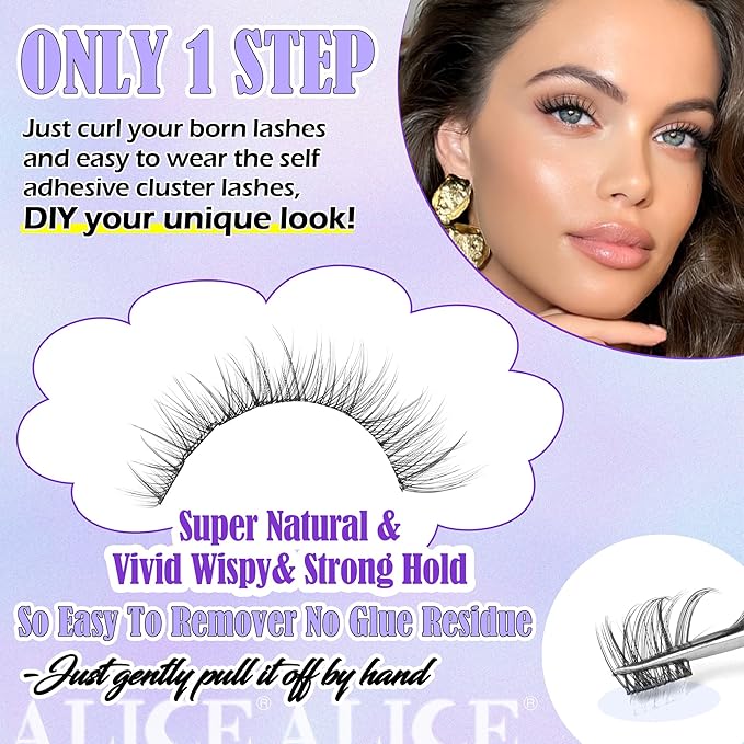 ALICE Self Adhesive Lashes Natural Look Self Adhesive Lash Clusters Wispy Reusable Press on Lashes Pre-Glue 8-14mm 120pcs C-Curly No Glue Needed Eyelashes