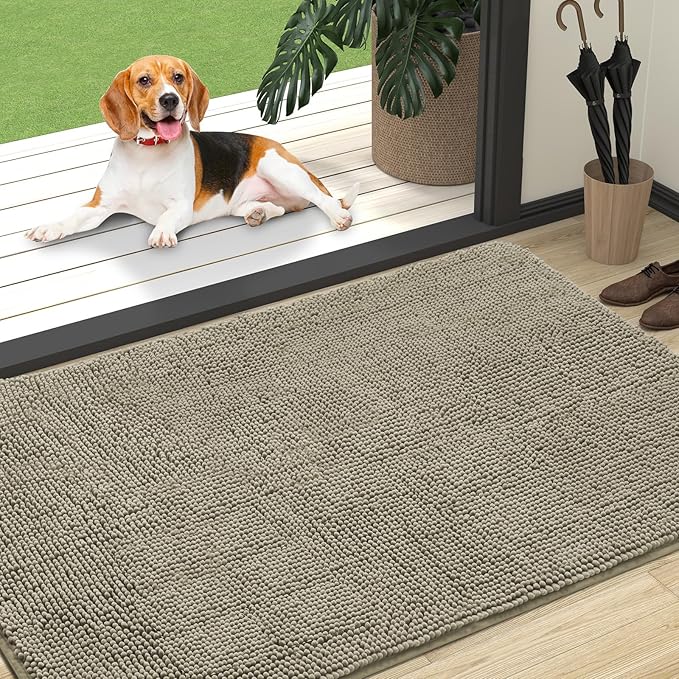 OLANLY Dog Door Mat for Muddy Paws 47x32, Absorbs Moisture and Dirt, Absorbent Non-Slip Washable Doormat, Quick Dry Chenille Mud Mat, Entry Indoor Entryway Carpet for Inside Floor, Warm Taupe