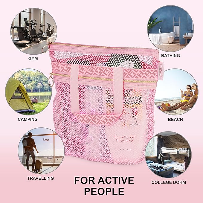 DV Lifestyle Mesh Shower Bag 10.2x9.9'' Quick-Dry Caddy with Zipper & 2 Pockets. Portable Toiletry Tote for Bathroom, Gym, Travel, Camp, Beach, for Sunscreen, Dorm & College Essentials (Pink)