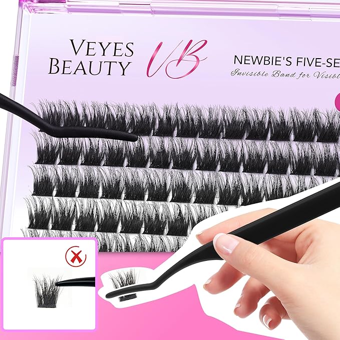 VEYESBEAUTY Lash Clusters Fluffy Individual Lash Extensions Xtreme 3D Layered Volume Eyelashes Thin & Invisible Band Wispy Faux Mink Lash Newbie's Five-Second Length 10mm