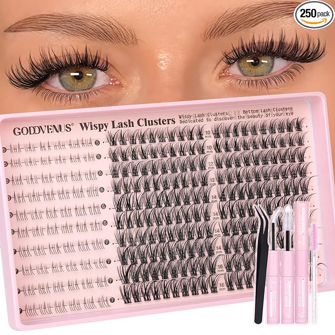 Goddvenus 250Pcs Natural Lash Clusters Kit Cluster Eyelash Extensions Kit Wispy DIY C Curl Individual Lashes Clusters With Bottom Eyelashes