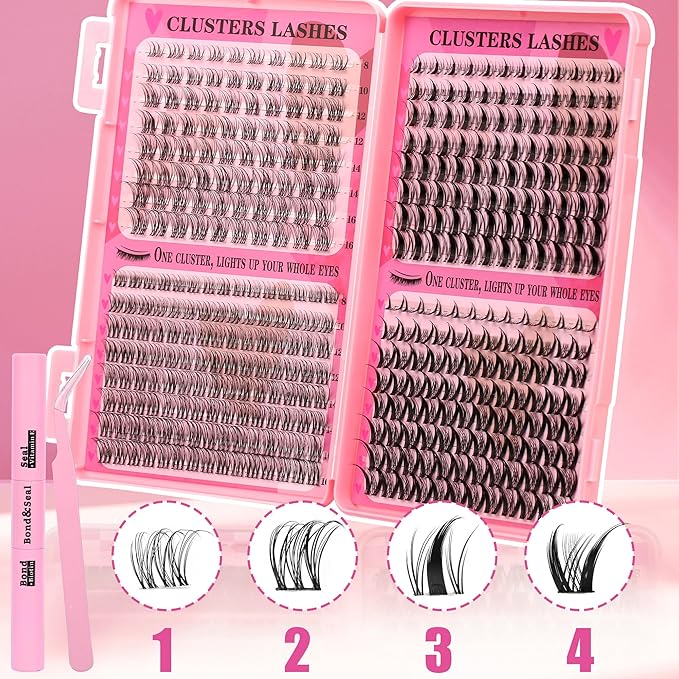 Wispy Lash Clusters Kit Natural Lashes Clusters Fairy Manga Lash Clusters Wet-Look Spiky Anime Lashes Pack 392 Pcs C/D Curl Individual Lashes Lash Bond and Seal Lash Tweezers