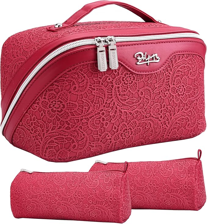 BOYATU Travel Makeup Bags Cosmetic Organizer Bag: 3 Pcs Set Large Capacity Make up Bag with Compartments - Waterproof Leather Toiletry Bags with Handle for Women (A-Red)