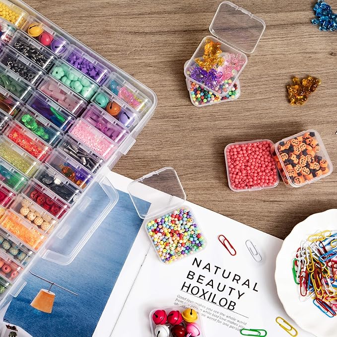 Bead Organizer Box, 60 Pack Small Clear Storage Boxes with Labels, Large Travel Craft Case with Handle, Mini Plastic Containers for Jewelry Making Diamonds DIY Pony Bracelet Screws Seeds Small Parts