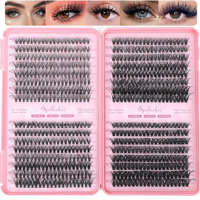 Manga Lash Clusters, 640 Pcs Eyelashes Clusters Extensions 9-16mm Individual Lashes D Curl Fluffy Wispy False Eyelashes Thin Band (30D&40D&50D&60D)