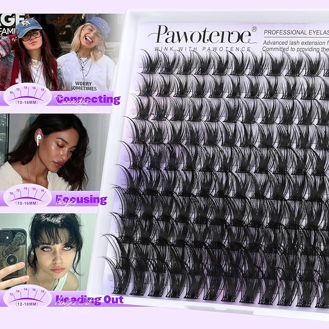 Pawotence Kira Lash Clusters Wispy Cluster Eyelash Extensions 10-18mm Individual Lashes Cluster Lashes Extension Soft Comfortable Eyelash Clusters with Thin Band for DIY at Home