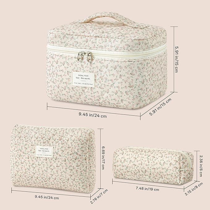 HBselect Quilted Makeup Bag, 3PCS Cotton Large Travel Makeup Bag, Cute Floral Coquette Make up Bag Cosmetic Bag Toiletry Bag for Women Girls