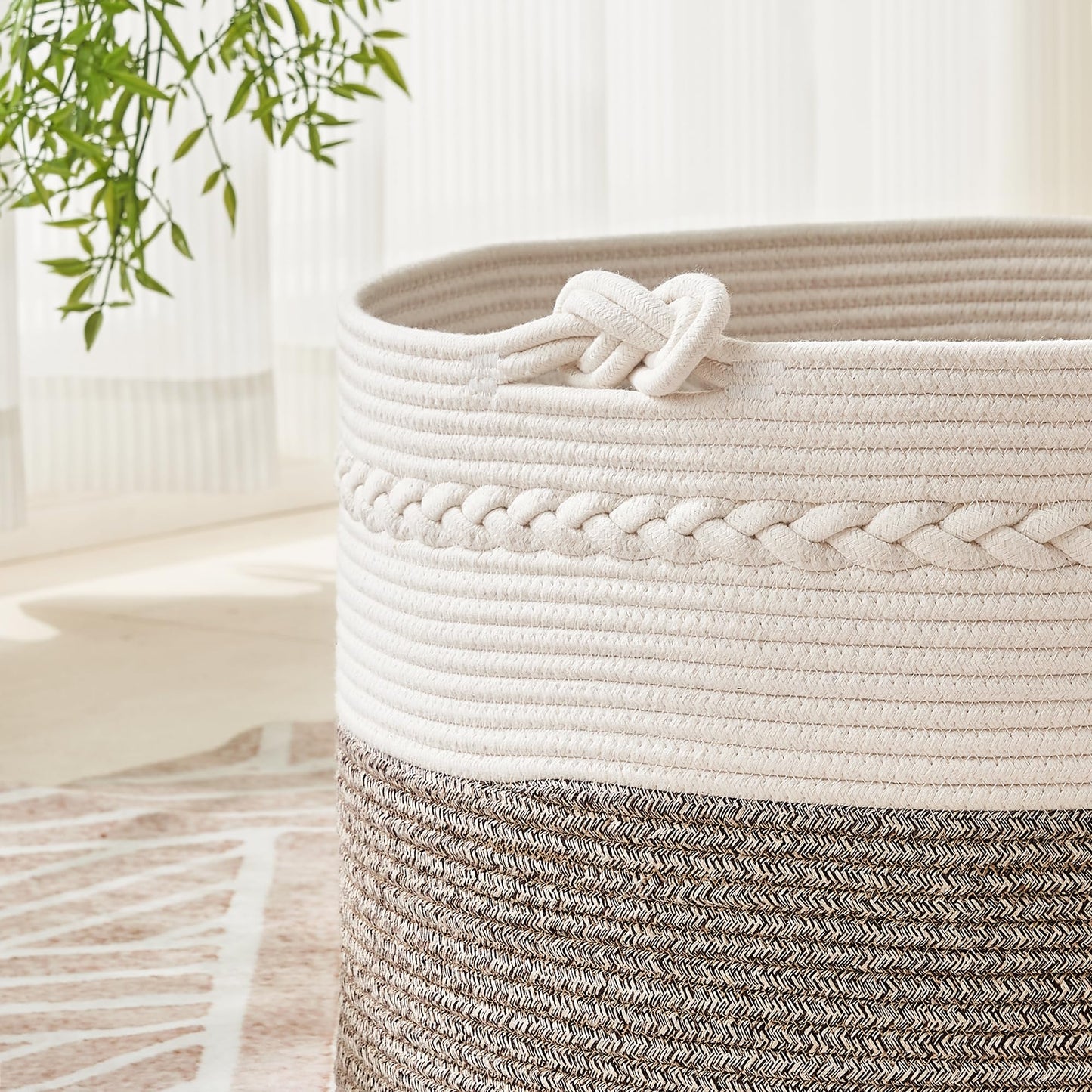 KAKAMAY Large Blanket Basket (20"x13"),Woven Baskets for storage Baby Laundry Hamper, Cotton Rope Blanket Basket for Living Room, Laundry, Nursery, Pillows, Baby Toy chest (White/Beige)