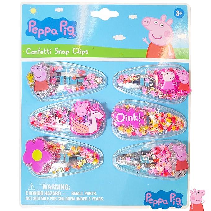 LUV HER Peppa Pig Toys For Girls, 6pc Cute Hair Clips with Favorite Character Charms, Gifts Magical Confetti Snaps for Kids, Ages 3+