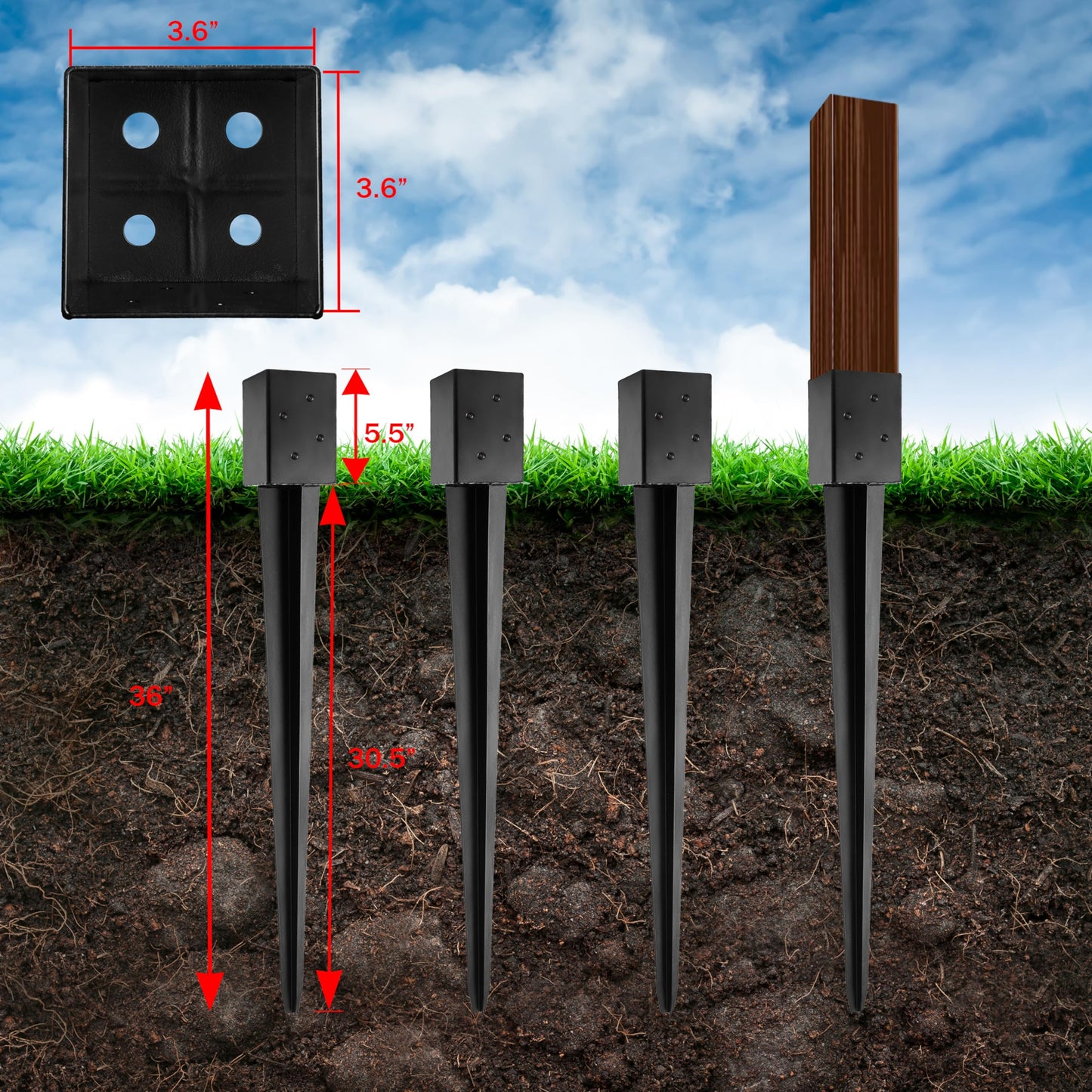 LADECH 4x4 Fence Post Anchor Ground Spike 36” Length Metal Black Powder Coated – Mailbox Post Anchors – Fit 3.5x3.5 Lumber (8, Black)