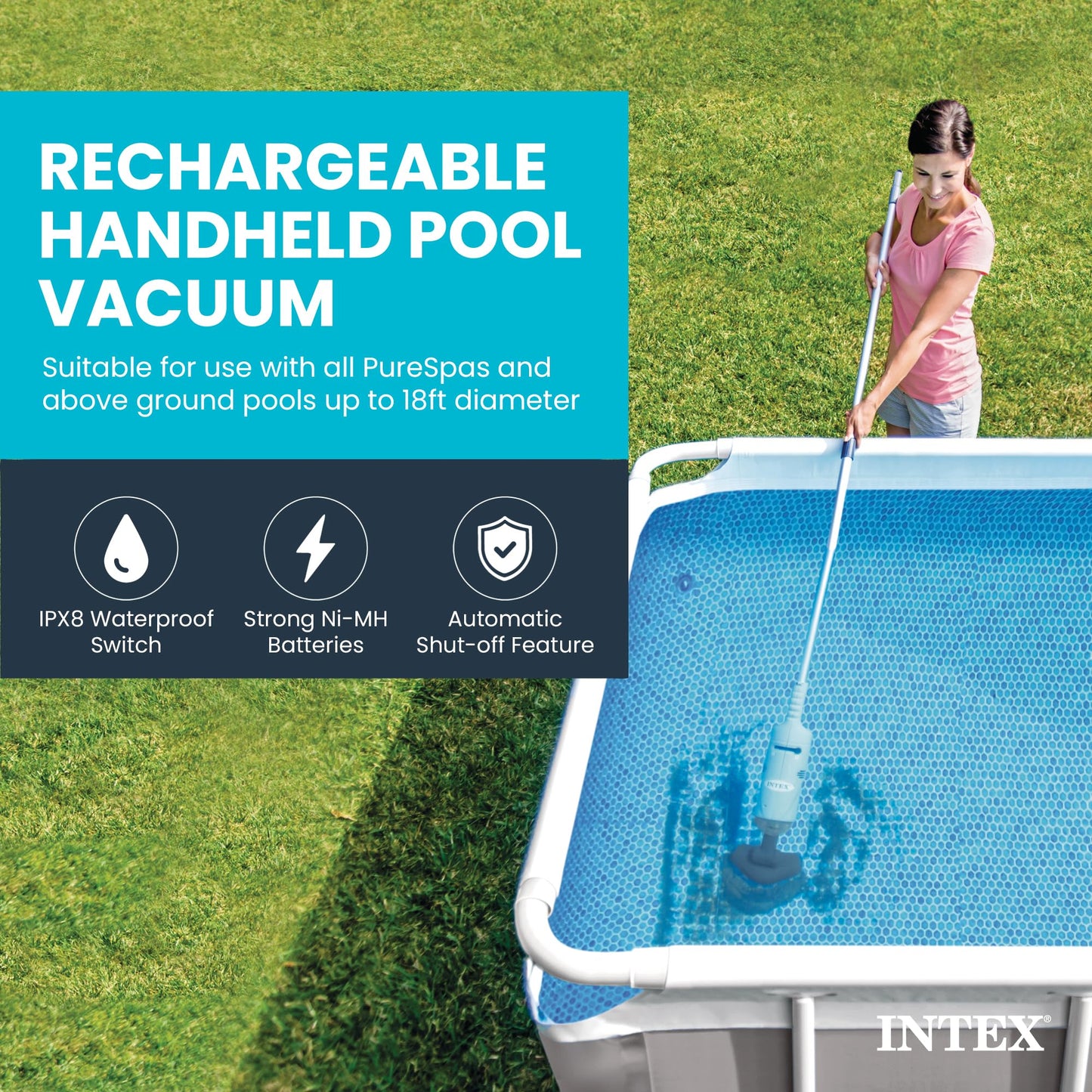 INTEX Rechargeable Handheld Pool Vacuum Cleaner with 94” Telescoping Pole, 2 Brush Heads, & Shaft Adapter for PureSpas & Pools