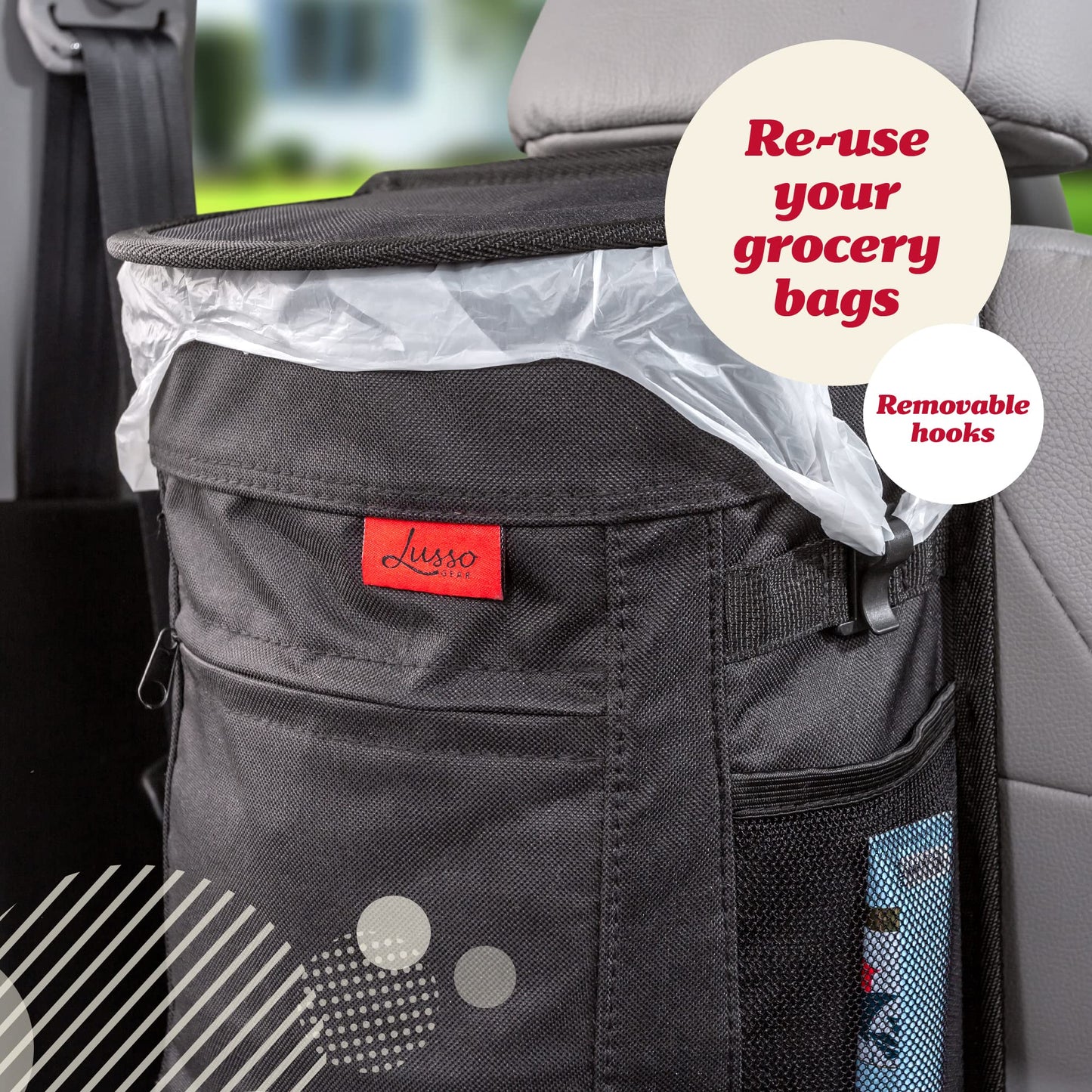 Lusso Gear Car Trash Can - 2.5-Gallon, Black, Round - Leak-Proof & Spill-Proof Lid & Waterproof Removable Liner - Hanging Car Trash Bin & Organizer for SUV, Truck & Minivan