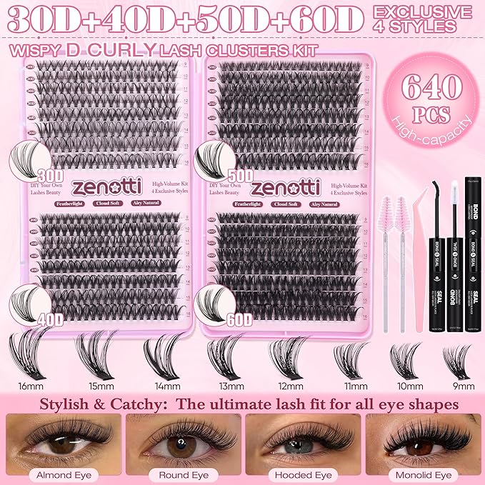 Lash Clusters Kit, 640PCS Natural Eyelash Clusters Kit 30D 40D 50D 60D Wispy Cluster Eyelash Extensions 9-16mm Daily Look Individual Lashes Soft Band with Lash Bond & Seal Tweezers Brush by zenotti