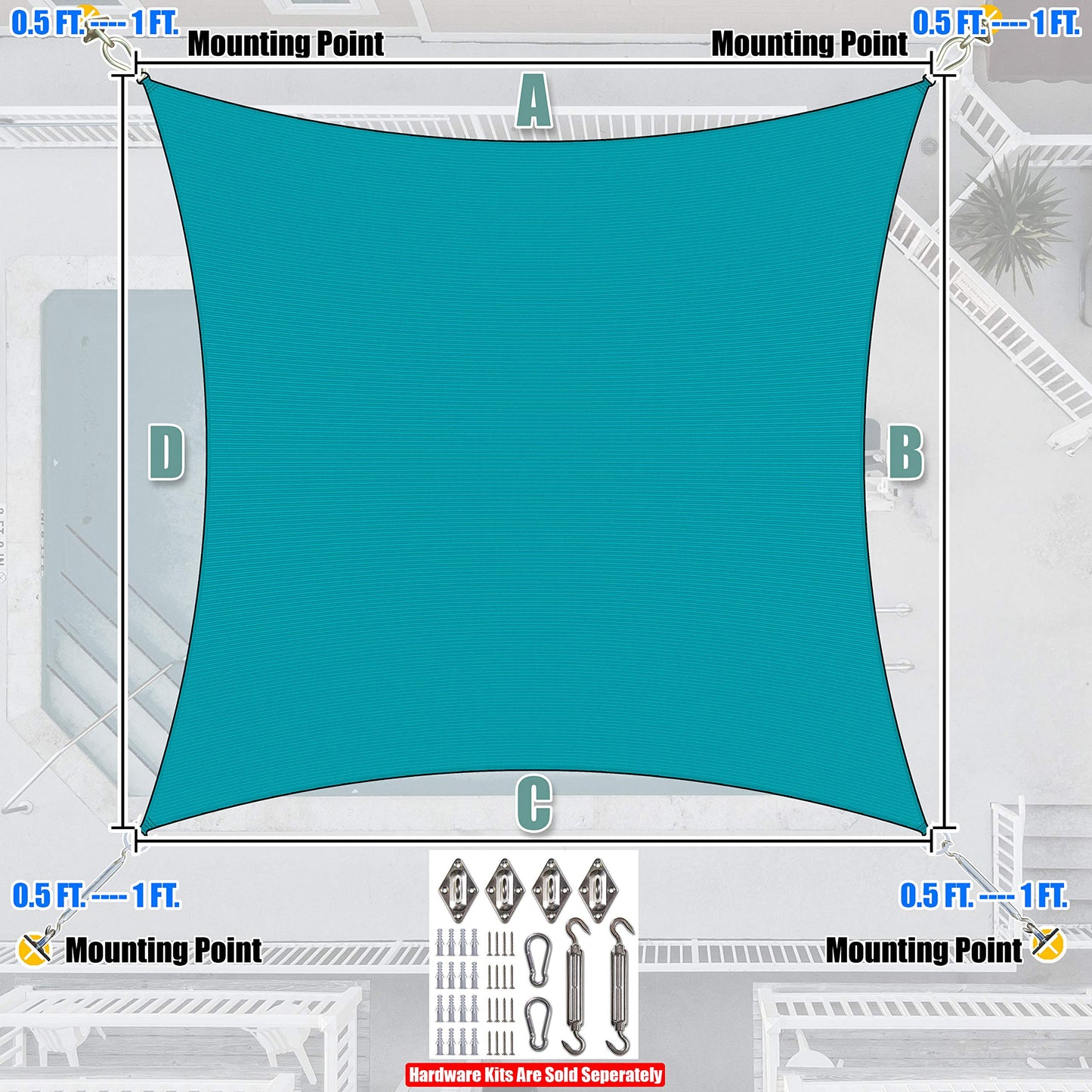 Amgo Custom Size 12' x 18' Turquoise Rectangle Square Sun Shade Sail UPF50+ AGTAPR0816, Order to Make Canopy Awning, 95% UV Blockage, Water & Air Permeable, Commercial and Residential (We Customize)