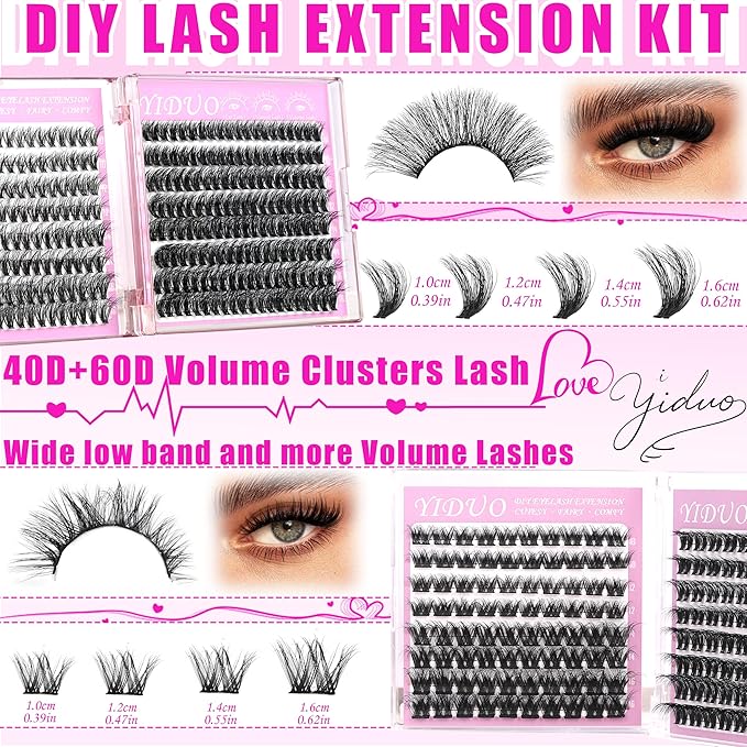YIDUO 6 Styles Eyelash Clusters Kit 40D/60D/Volume/Manga/Spikes Portable Lash Makeup Bag Kit 10-18mm Wispy Individual Eyelash Extensions, Volume Studio Effect Lashes Kit