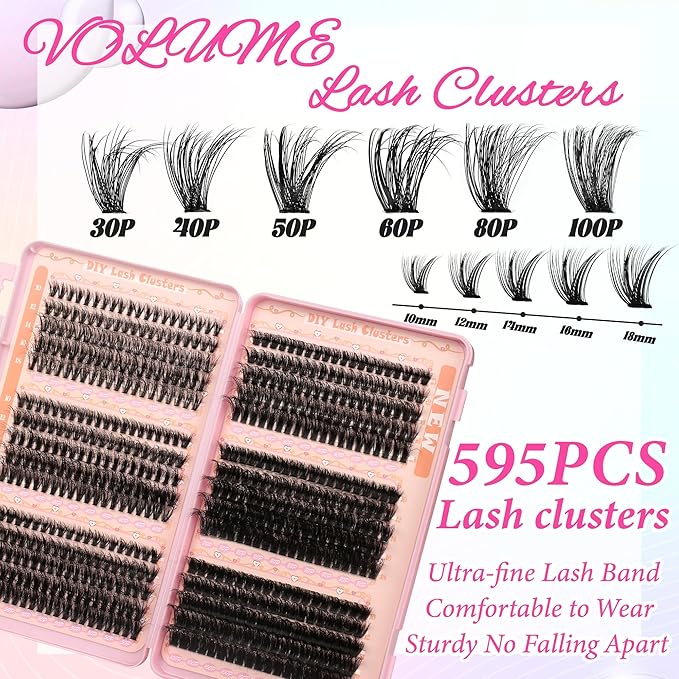 Fluffy Lash Clusters Kit Wispy Lash Clusters 595Pcs Individual Lashes Clusters Thin Band Lash Extension Kit Lash Glue and Lash Tweezers