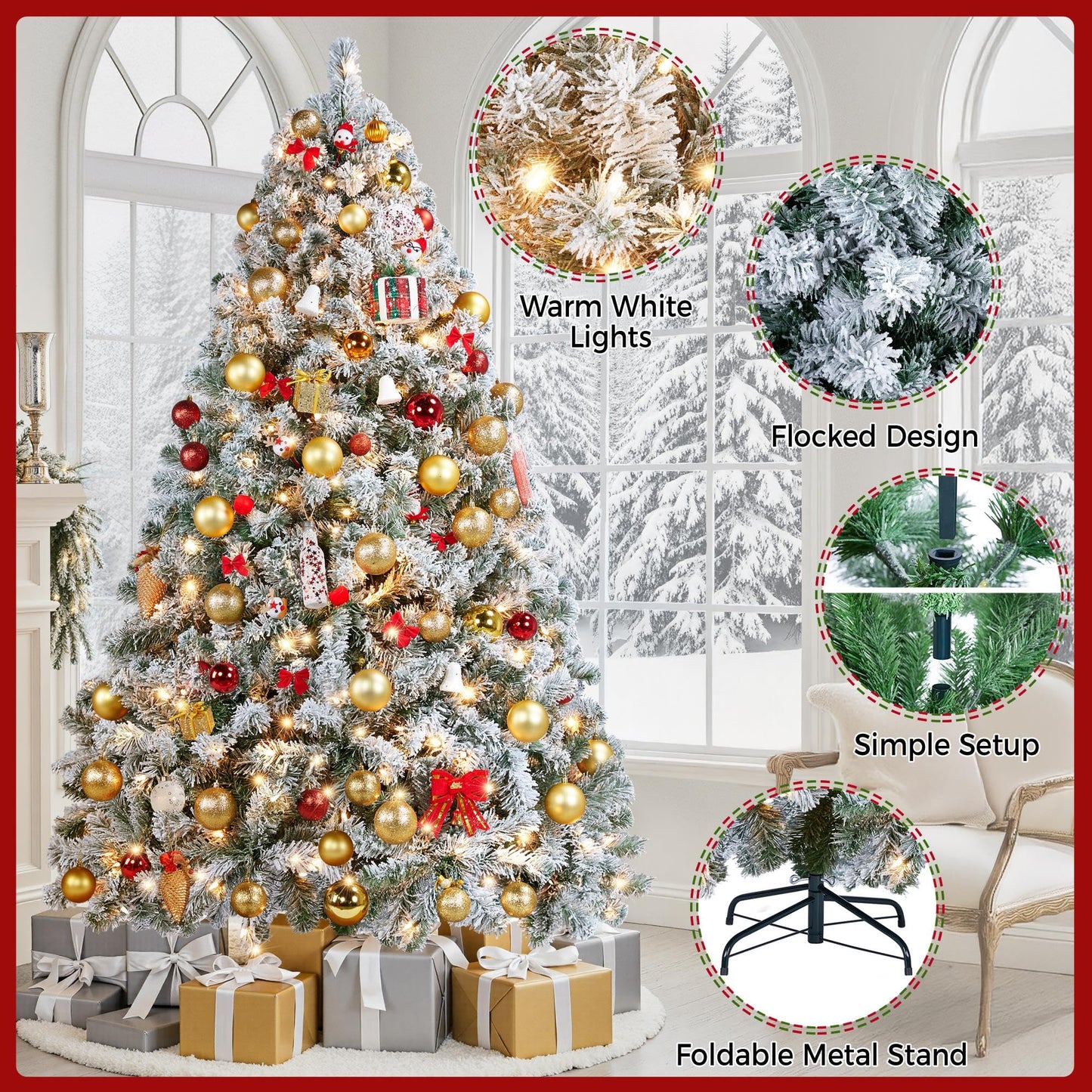 Yaheetech 6ft Pre-lit Artificial Christmas Tree with Incandescent Warm White Lights, Snow Flocked Full Prelighted Xmas Tree W/820 Branch Tips, 250 Incandescent Lights & Foldable Stand, Green & White