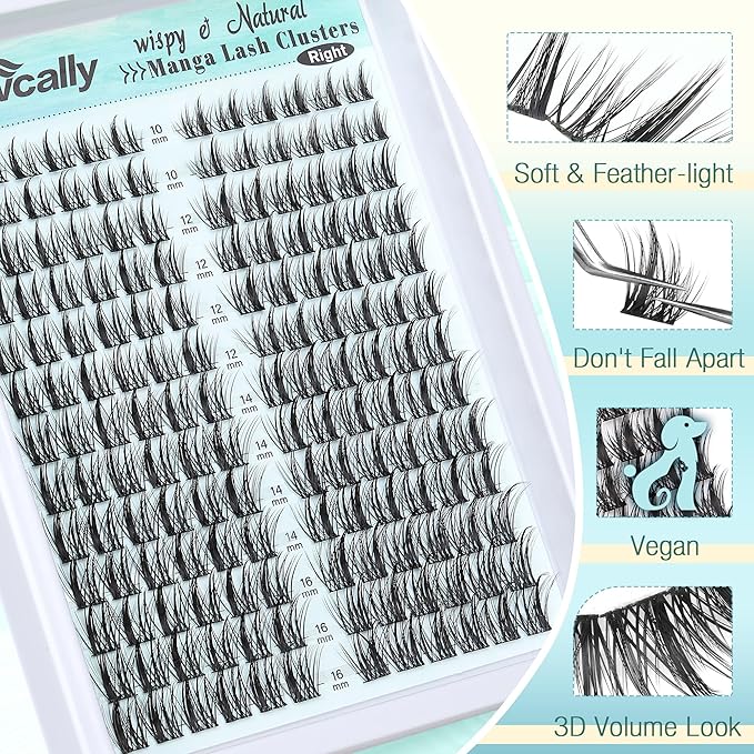 Cluster Lashes Kit Natural Look Cluster Eyelash Extension Kit Wispy Eyelash Clusters Kit Spiky DIY Lash Extension Kit CD-curly 10-16MM Manga Individual Lashes Kit by Newcally
