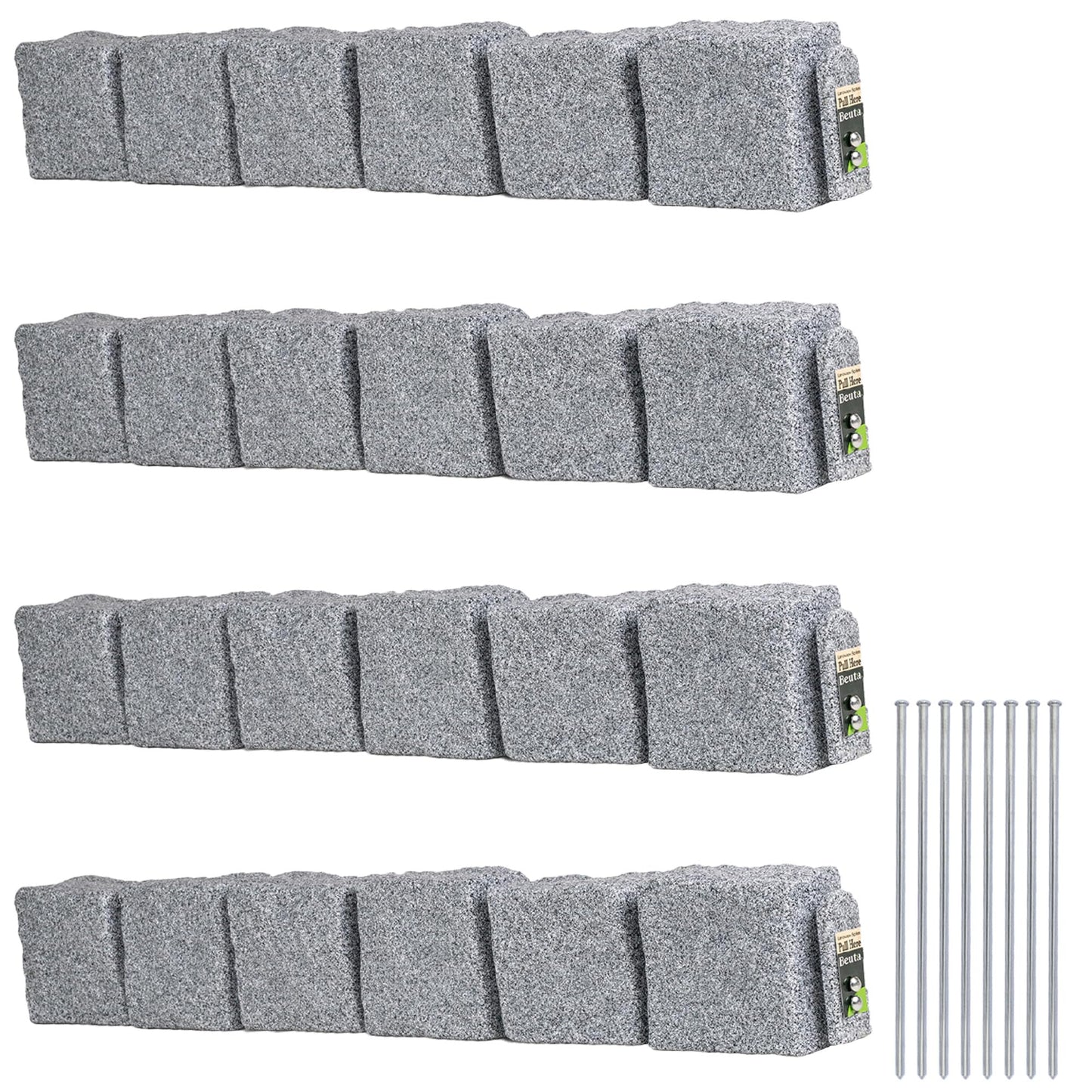 Beuta Landscape Edging | Garden Edging Border | Faux Stone Blocks for Lawn Edging, Flower Beds & Yard Edging â 4 Pack | Each Section Has 6 Blocks 48" L x 4" W x 6.5" H | 8 Spikes | Greystone