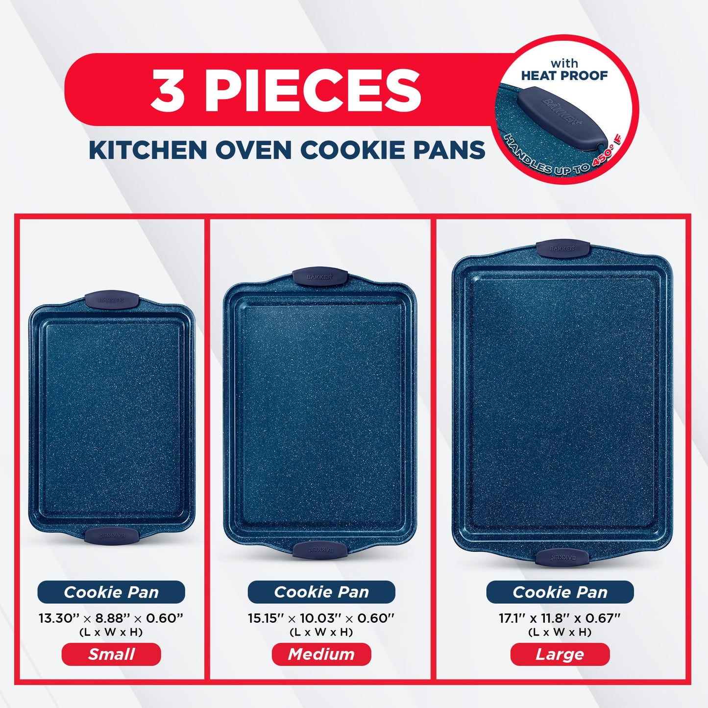 BAKKEN Kitchen Baking Pan Set - Nonstick Coating, Carbon Steel Bakeware Sets with Blue Silicone Handles, Baking Kitchen Essentials, PFOA, PFOS, PTFE Free, Oven Safe Tray (Up To 450° F), Set of 3