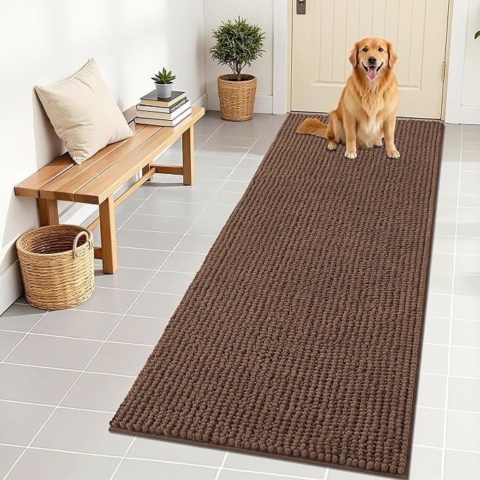 OLANLY Dog Door Mat for Muddy Paws 70x24, Ultra Absorbent Chenille Mud Doormat, Non-Slip Washable and Dirt Trapping Doormat for Indoor Entryway, Quick-Dry Indoor Pet Bed Mats for Dogs, Mocha