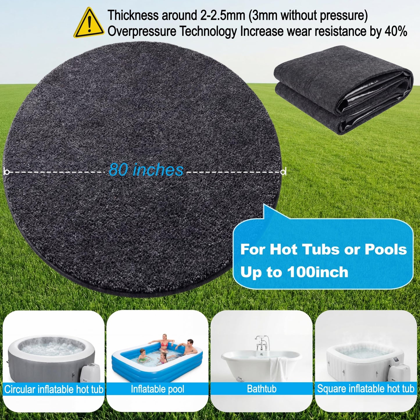 Upgraded 80 * 80 inch Round Hot Tub Mat, Extra Large Inflatable Hot Tub Pad Outdoor Indoor, Waterproof Slip-Proof Backing, Absorbent Spa Pool Ground Base Flooring Protector Mat