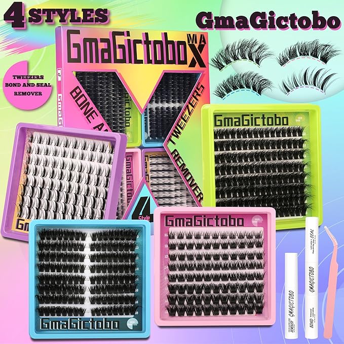 Lash Clusters Kit Natural Wispy Lash Clusters C/D Curl 424Pcs Volume Individual Lashes Clusters Manga Lashes Cat Eye Lashes Pack Lash Bond and Seal Lash Remover Lash Tweezers