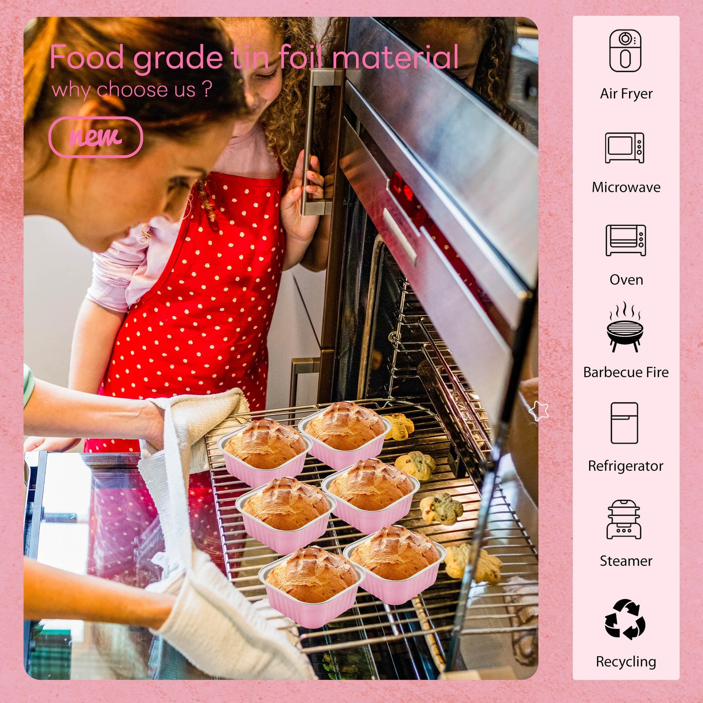 NPLUX 50 Pcs Mini Square Baking Cups with Lids and Spoons Aluminum Foil Mini Cake Pans with Lids Disposable Ramekins Cake Pans Dessert Cups for Wedding Birthday Party(Pink,10oz)