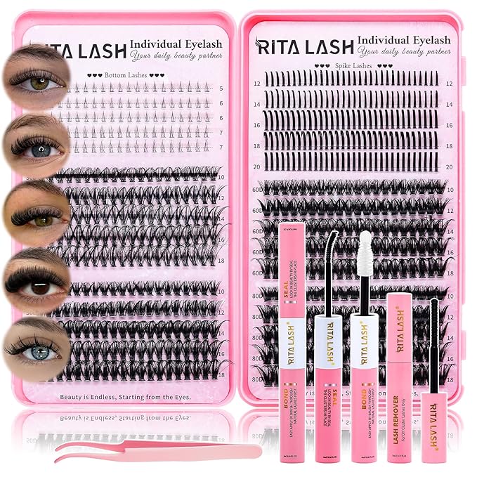 Lash Clusters Kit DIY Lash Extension Kit Cluster Lashes Kit+Bottom Lashes+Spikes Eyelash Extensions with Lash Bond and Seal,Lash Remover,Tweezers RITALASH(30D 50D 60D 80D+Bottom Lashes+Spike Lash Kit)