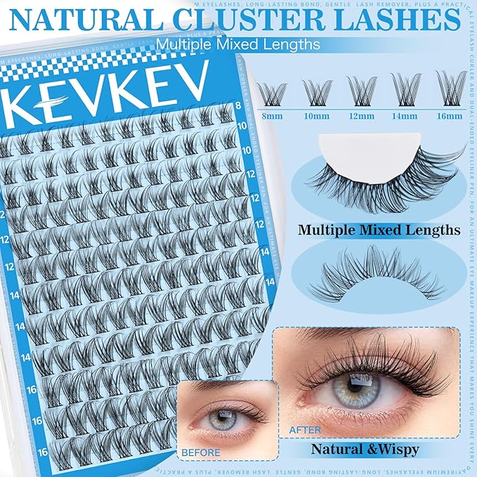 KEVKEV Wispy Lash Clusters Kit Ultra-thin Band Natural Eyelash Clusters 8-16mm Lash Extension Kit Mix Length Clear Band Natural Look Cluster Eyelash Extensions With Lash Bond Lash Tweezers (Wispy06)
