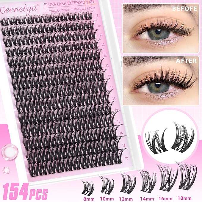 Geeneiya FLORA Lashes Clusters Kit DIY Lash Extension, 8-18MM Wispy Lash Clusters, Ultra-thin Soft Band Eyelash Extension Kit with Waterproof Lash Bond and Seal, Lash Remover, Tweezers for Beginners