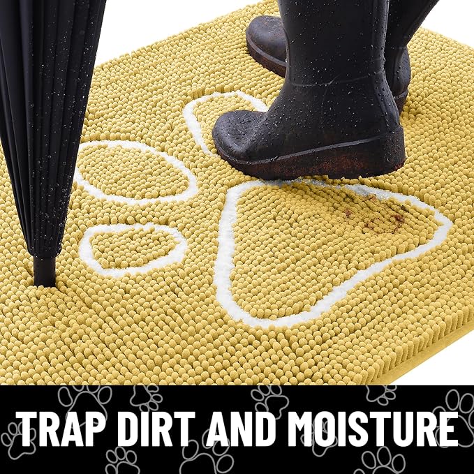 Smiry Dog Door Mat for Muddy Paws, Absorbent Dirt Trapper Non Slip Quick Dry Washable Chenille Mat for Mud Dogs, Entry Rug for Indoor and Outdoor (48x30 Inches, Yellow and White)