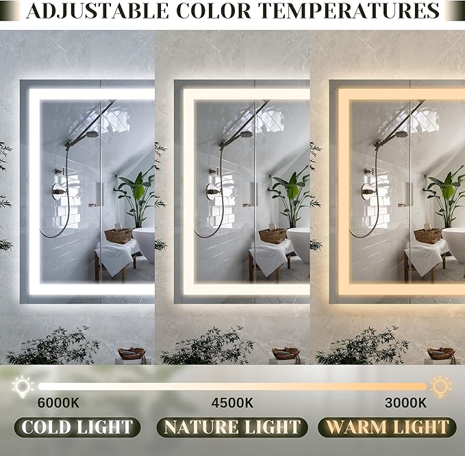 ROLOVE 32x 22 Inch Large Lighted Vanity Mirror with Dimmable 3 Modes, LED Makeup Mirror for Bathroom ＆ Dressing Room, Tabletop or Wall-Mounted, White