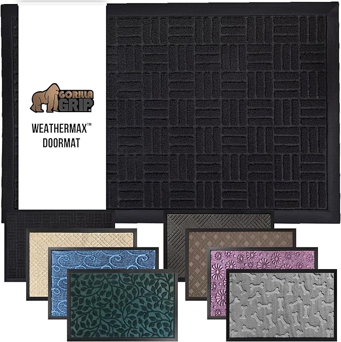 GORILLA GRIP 100% Waterproof All-Season WeatherMAX Doormat, 34x58, US Designed Natural Rubber, Stain and Fade Resistant, Low Profile Indoor Outdoor Door Mats, Easy Clean Patio Mat, Midnight Maze