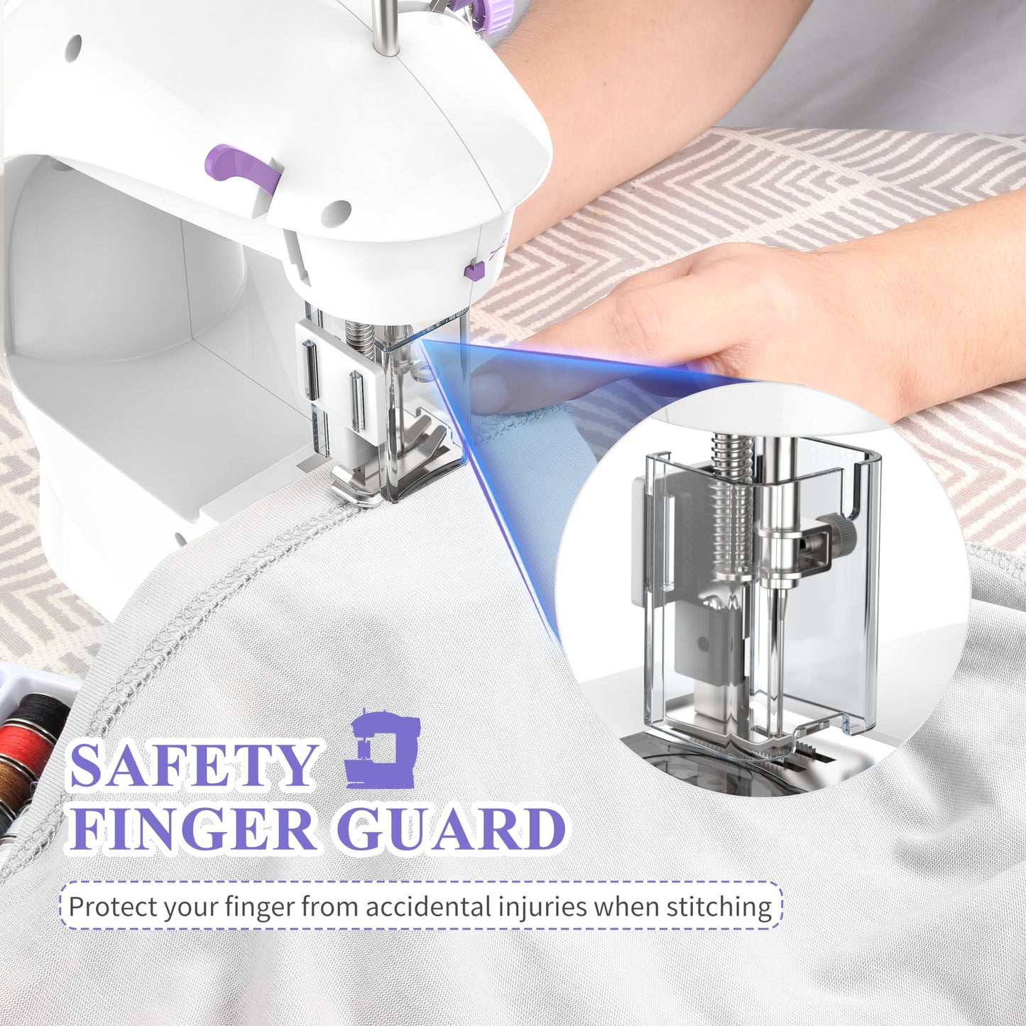 KPCB Tech Sewing Machine for Beginners [Full Set] with Finger Guard and Fabric Bundles - Mini Sewing Machine with Sewing Kits, Foot Pedal, US Adapter and Extension Table