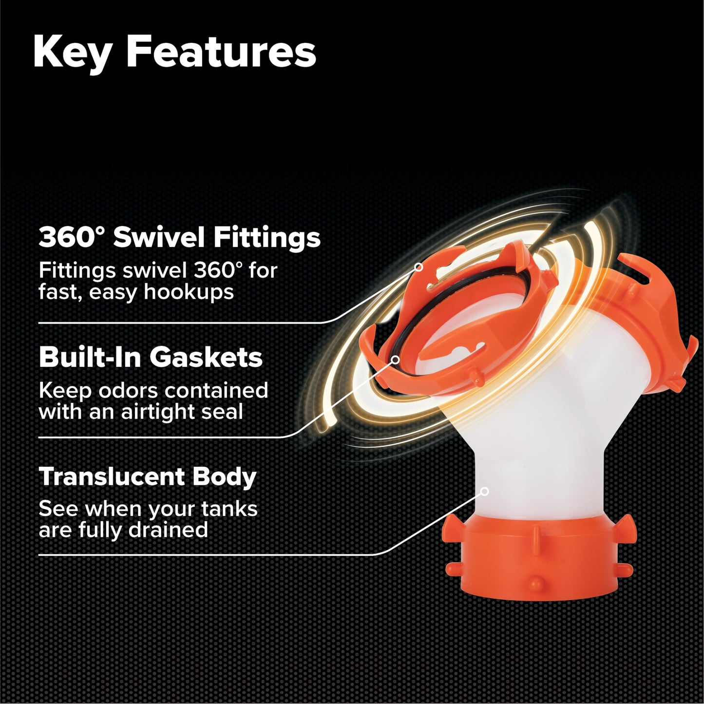 Camco RhinoFLEX Camper/RV Wye Sewer Hose Fitting | Features 360-Degree Swivel Ends & Built-In Gaskets for Odor Tight Connection | Allows for 2 Sewer Hoses to Connect to the Same Dump Station (39812),