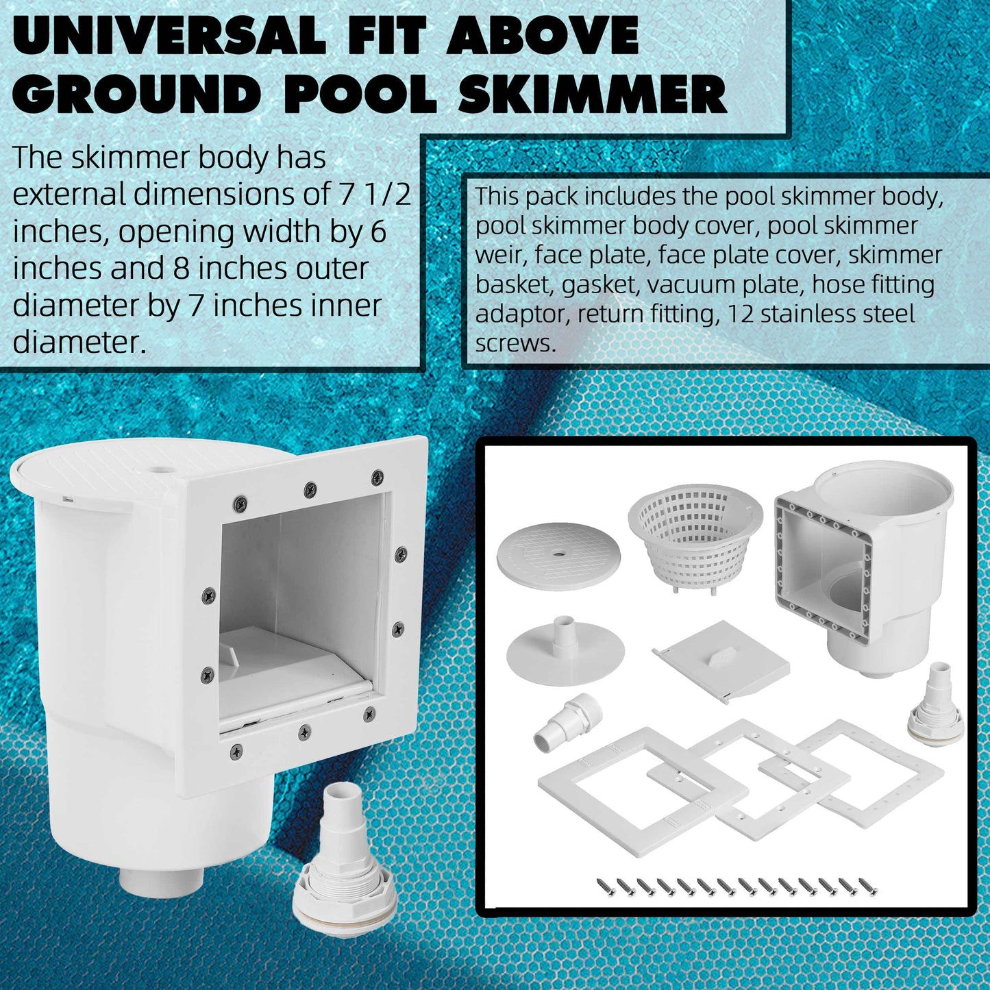 TonGass (Complete Set Universal Fit Above Ground Pool Skimmers (White) Pool Skimmer Accessory Kit ABS Plastic Thru-Wall Skimmer with Accessories Opening Width 6" Fits All Standard Pools Wall Cutouts