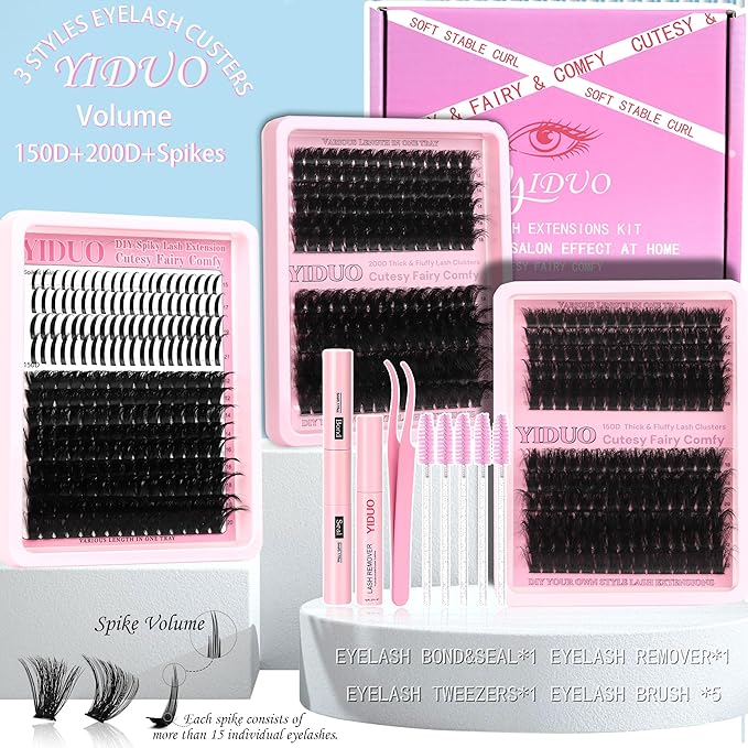 YIDUO 150D+200D Lash Clusters Kit with Glue and Removers, 575Pcs Volume Thick+Spiky Lashes Extension, 12-21mm Thick Extension Eyelashes DIY Individual False Eyelash Kit DIY at Home Easily