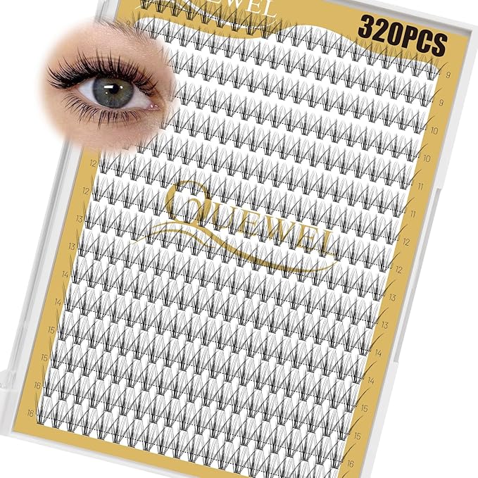 QUEWEL Lash Clusters 320Pcs Cluster Lashes 20D D Curl Lash Cluster Eyelash Extensions Mix9-16mm Individual Eyelashes Clusters Wispy Lash Clusters Thin Band Soft to Use at Home(20D D Mix9-16)