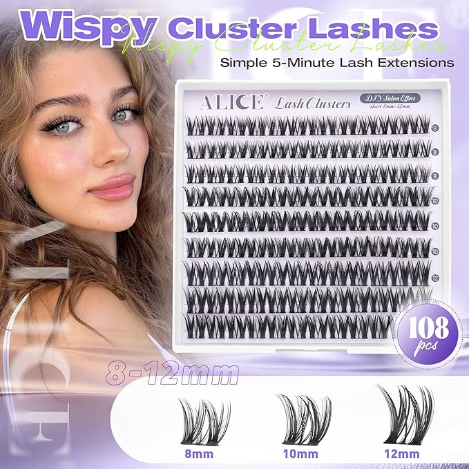 ALICE Short Lash Clusters 8-12mm Wispy Volume Eyelash Extensions Natural Thin Band Eyelash Clusters Individual Lashes DIY Lash Extensions
