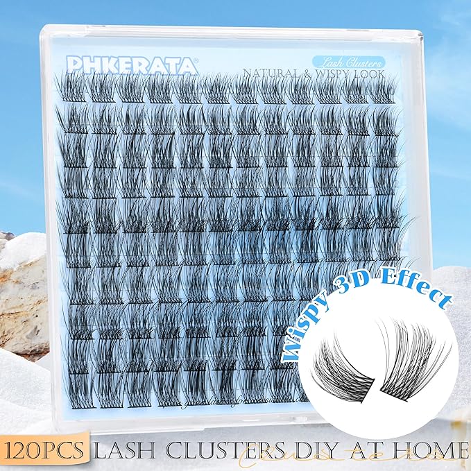 PHKERATA Natural Lash Clusters Eyelash Extensions Wispy Individual Lashes 120 pcs Eyelash Clusters 10-16 mm Mix Length DIY C Curvature Lashes Clusters, Soft and Lightweight