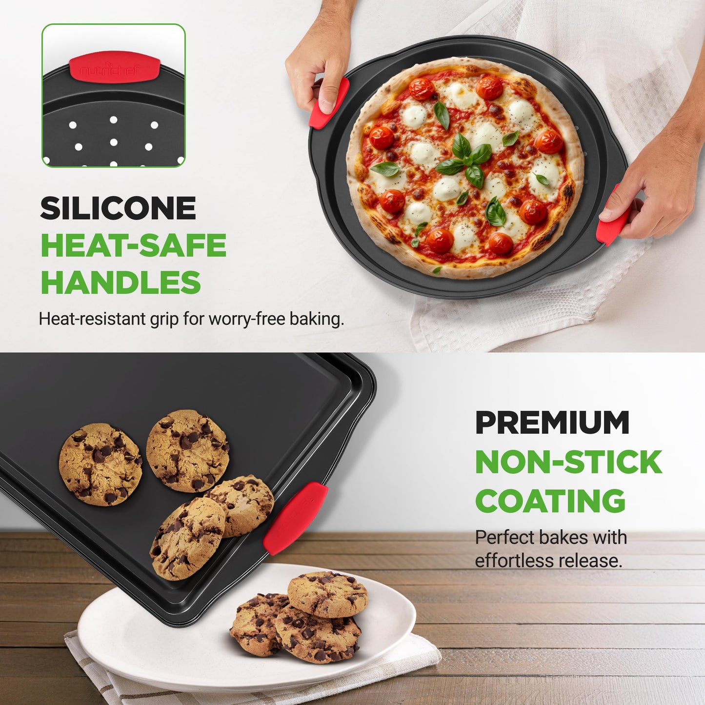 NutriChef Non-Stick Kitchen Oven Baking Pans-Deluxe & Stylish Nonstick Gray Coating Inside Outside, Commercial Grade Restaurant Quality Metal Bakeware with Red Silicone Handles NCSBS8S, 8 Piece Set