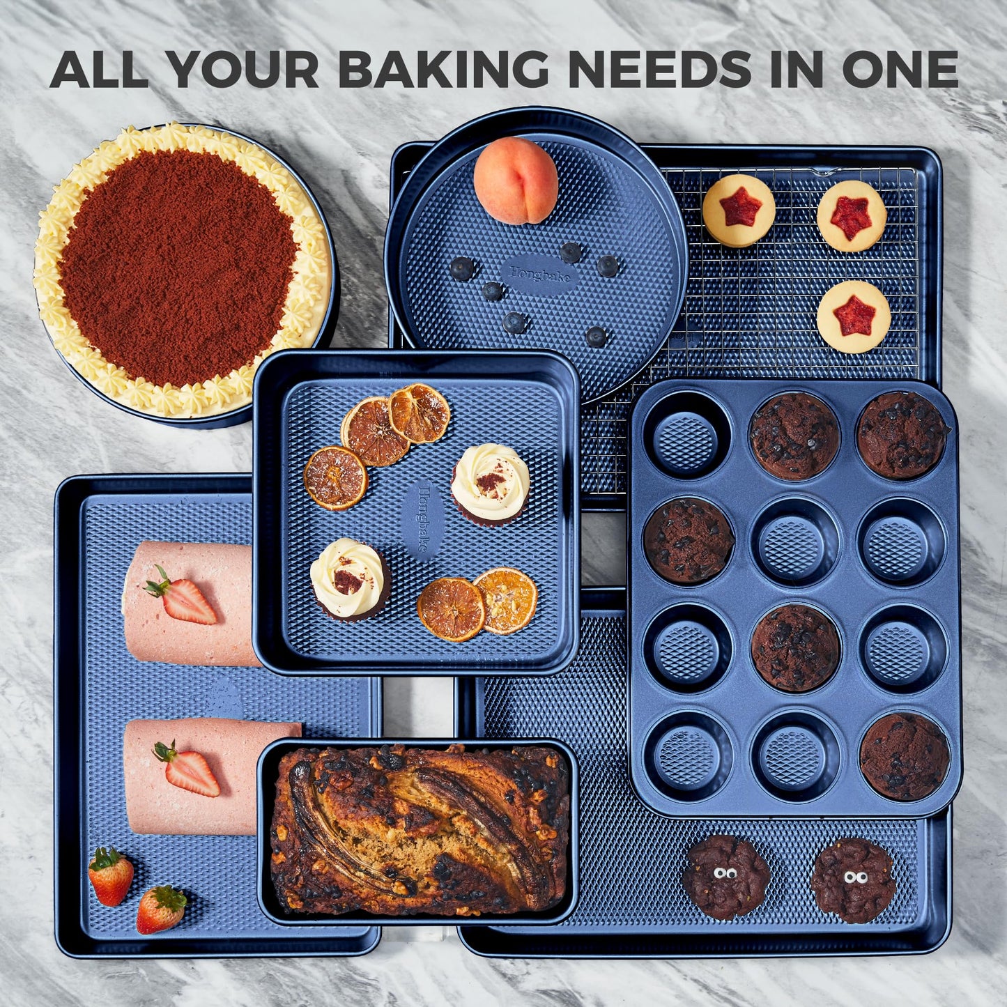 HONGBAKE 9-Piece Baking Pans Set Nonstick, Stackable Non Toxic Bakeware Sets with Diamond Texture, Oven Pan Set for Cooking, Includes Cookie Sheet with Rack, Cake Pan, Roasting Pan, Muffin Tin, Blue